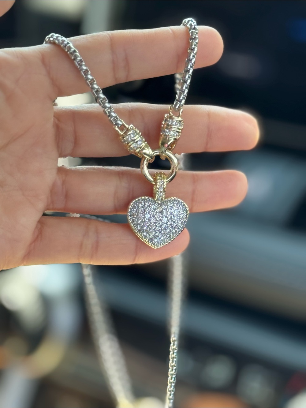 Rhodium and 14 K dipped  Heart Pendant Necklace with Cubic Zirconia